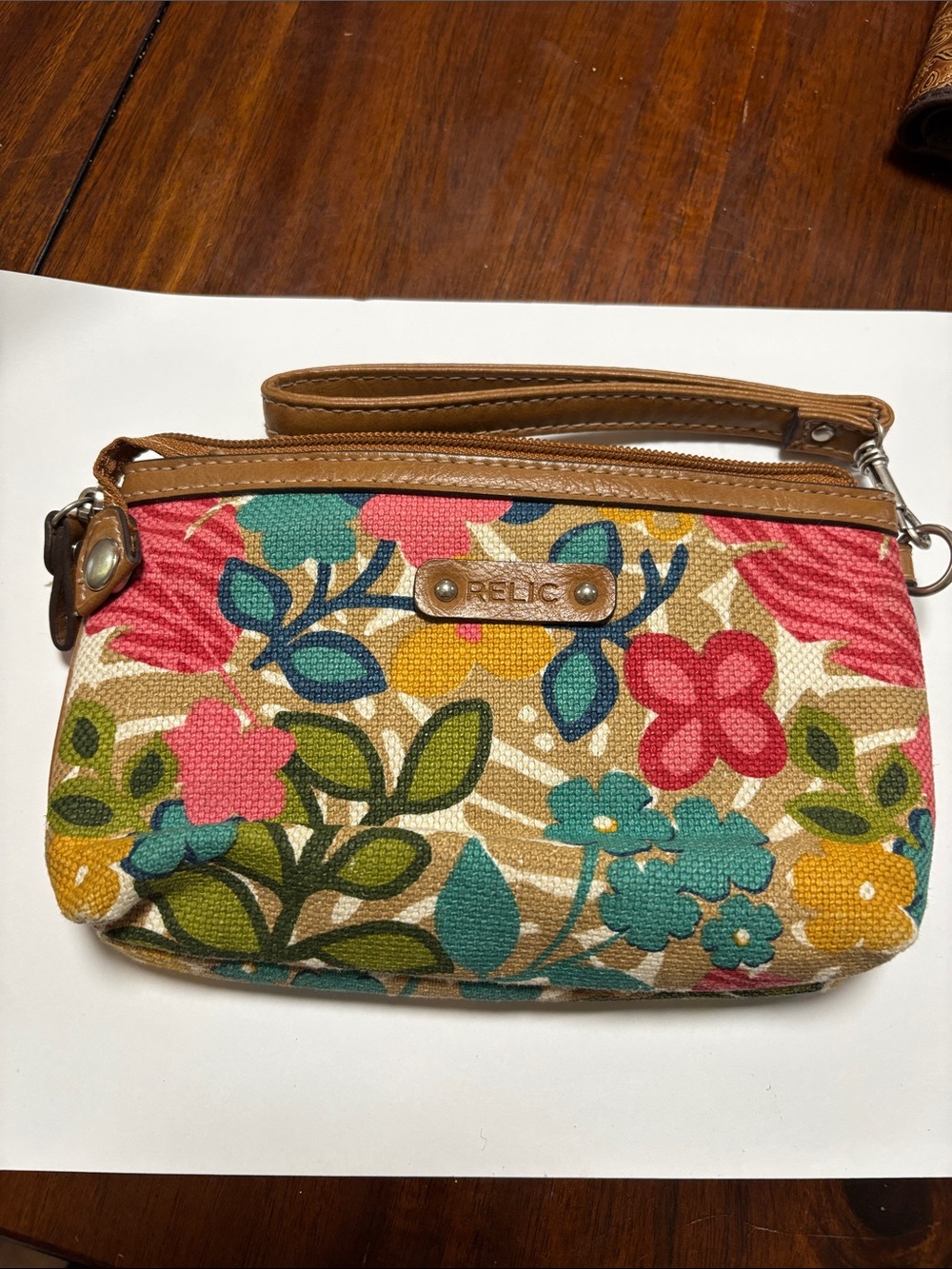 Relic Floral Canvas Wristlet in Teal, Pink, Yellow and Brown